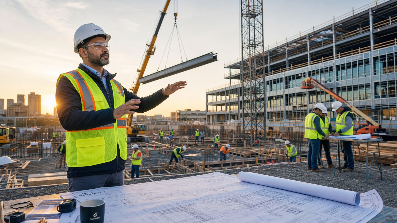 A professional construction engineer in a reflective vest points towards a large building project under construction.