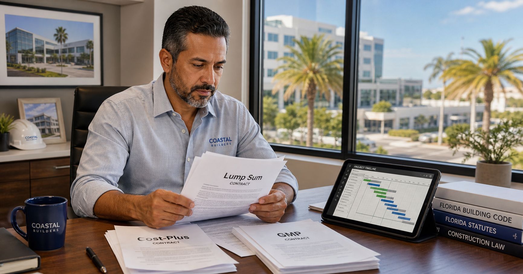 A professional construction project manager reviews commercial building contracts at an office desk with digital project timelines.