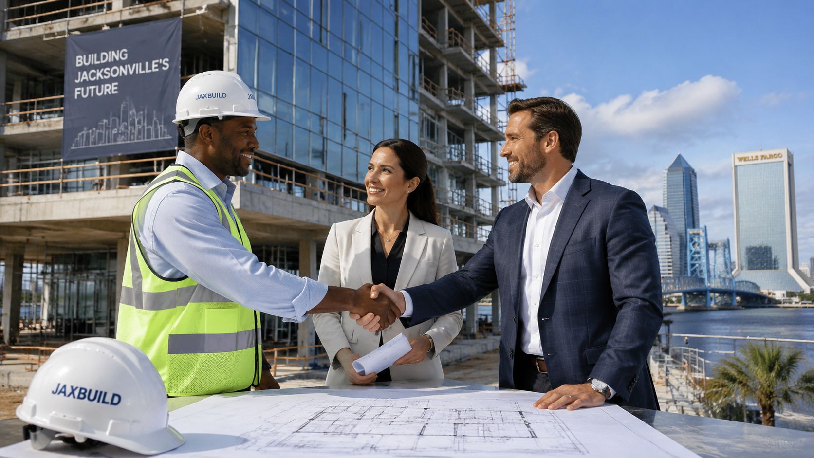 Construction Company Jacksonville FL: Your Guide 2026 A construction manager, an architect, and a developer shaking hands in front of a Jacksonville construction site.