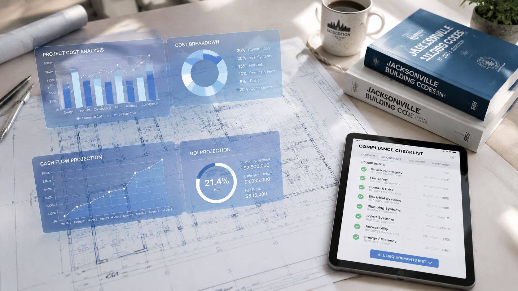 Construction Company Jacksonville FL: Your Guide 2026 A tablet and digital data overlays showing financial projections and compliance checklists over construction blueprints in Jacksonville.