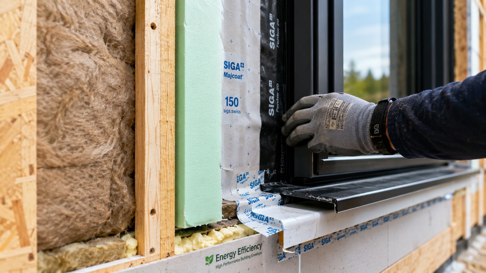 A construction worker installs window flashing and weather barrier membrane for energy code compliance on a house frame.