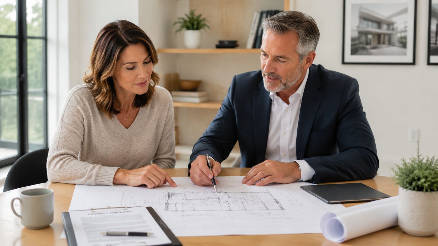 General Contractor Jacksonville FL: Expert Hiring Guide A professional general contractor and a female client reviewing architectural blueprints on a wooden table.