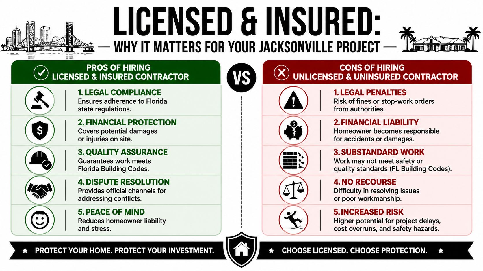 General Contractor Jacksonville FL: Expert Hiring Guide A comparison chart showing the benefits of hiring licensed and insured contractors versus the risks of unlicensed ones.