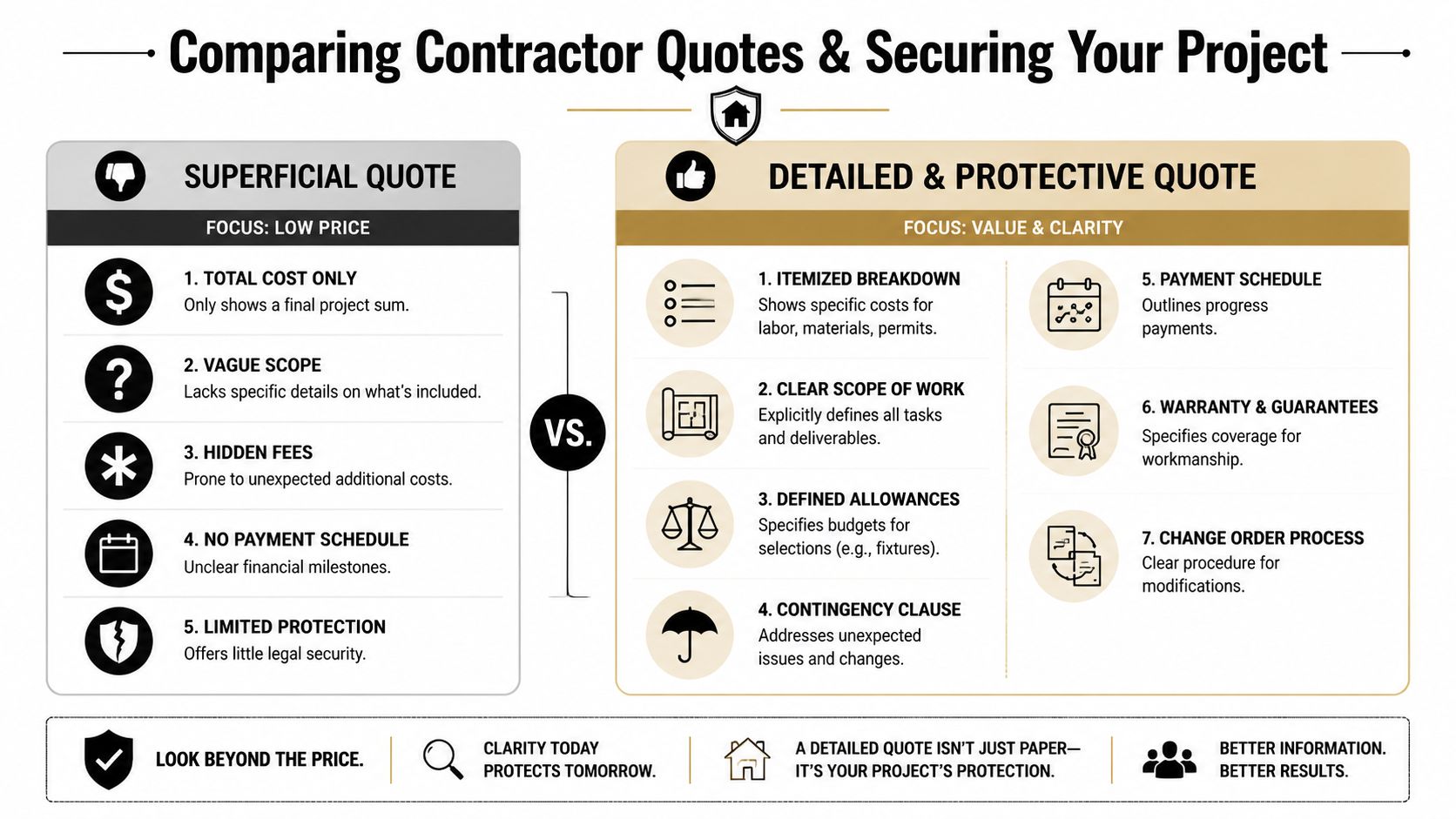 General Contractor Jacksonville FL: Expert Hiring Guide A comparison chart showing the differences between a superficial contractor quote and a detailed, protective project estimate.