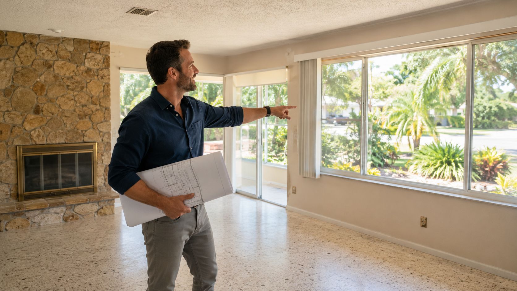 Home Remodeling Jacksonville FL: Guide 2026 A professional real estate developer holding blueprints points towards a scenic outdoor view in a living room.