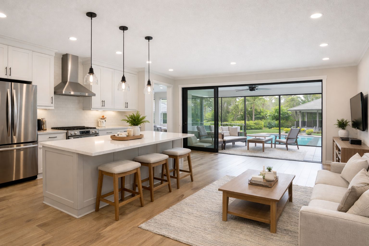 Home Remodeling Jacksonville FL: Guide 2026 A modern open-concept kitchen and living area featuring white cabinets, a large island, and sliding glass doors.