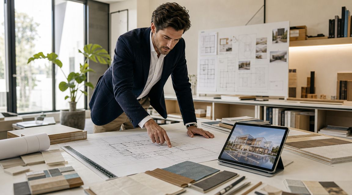 An architect in a blazer reviewing modern house floor plans and digital renderings on his office desk.