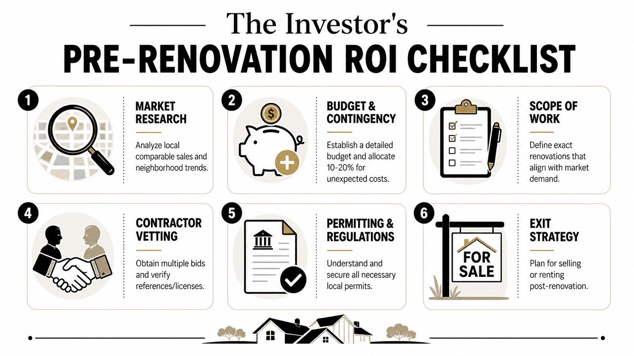 A six-step checklist for real estate investors planning profitable home renovations and property improvements.