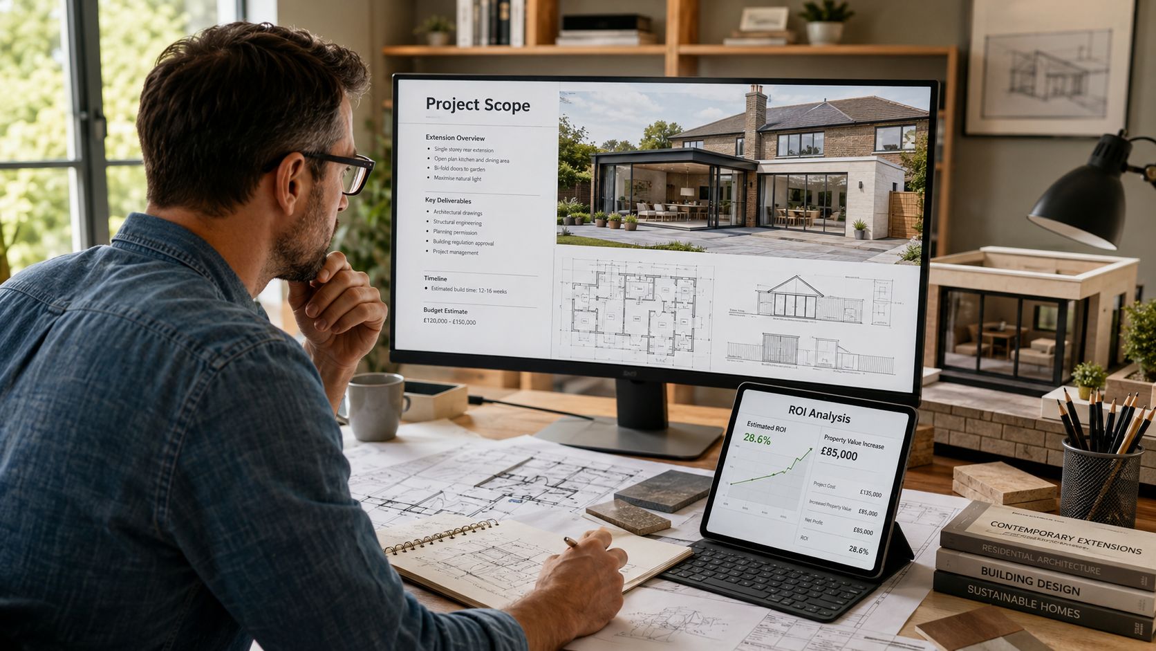 A professional architect reviews project plans and investment analysis for a modern residential house extension on computer screens.