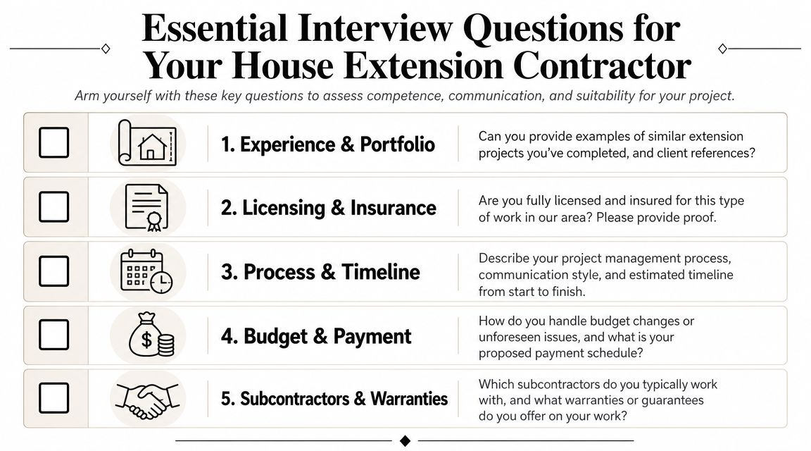 A checklist of five essential interview questions to ask when hiring a house extension contractor.