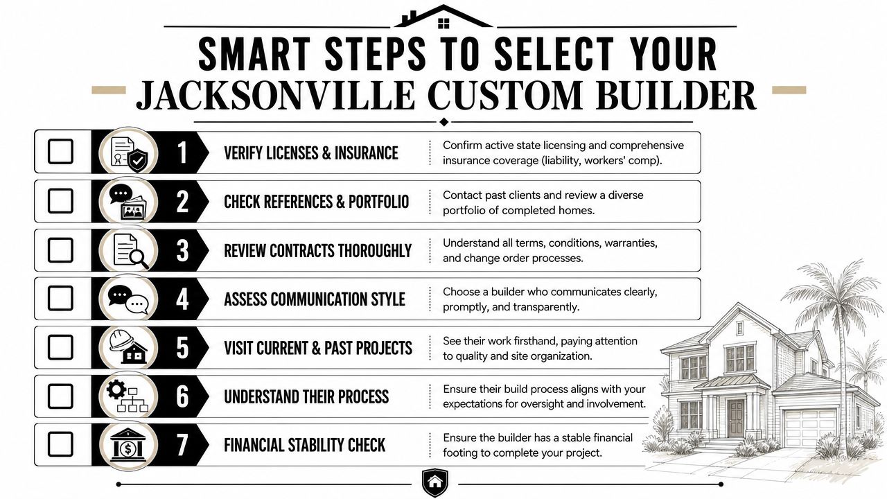 An infographic titled Smart Steps to Select Your Jacksonville Custom Builder detailing seven essential tips for hiring professionals.