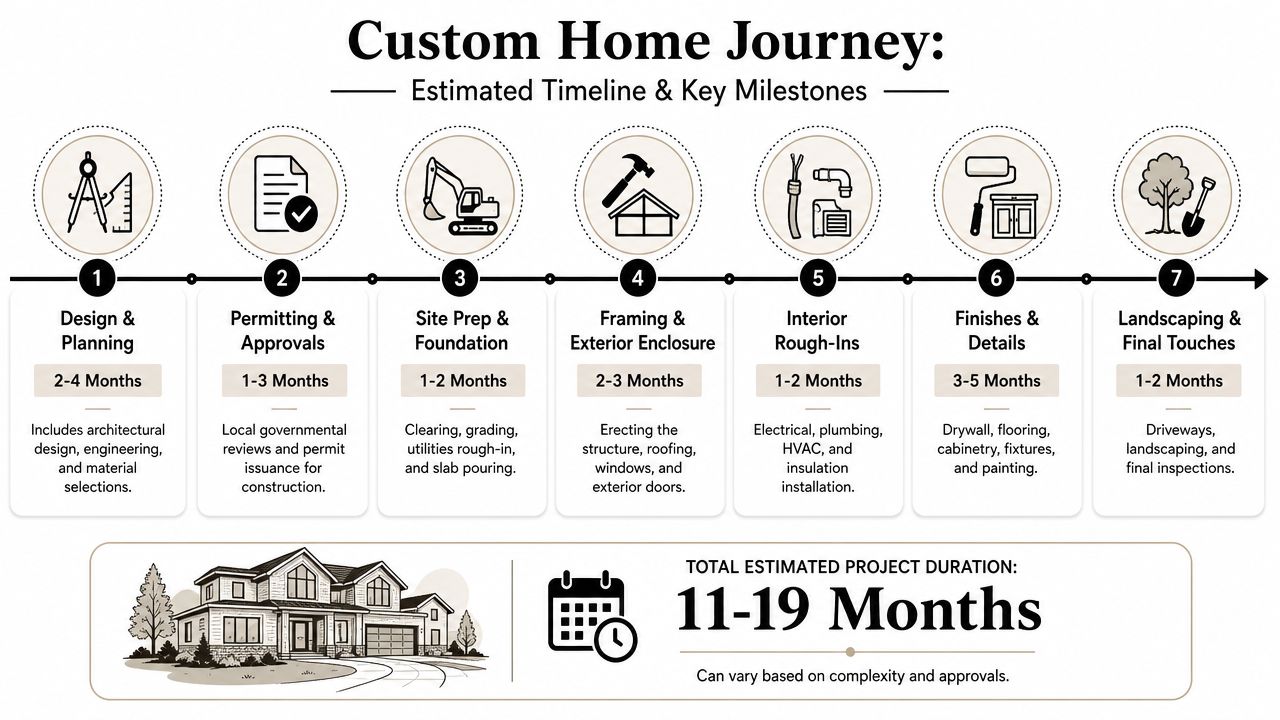 A timeline graphic illustrating the seven stages of a custom home building journey with estimated durations.