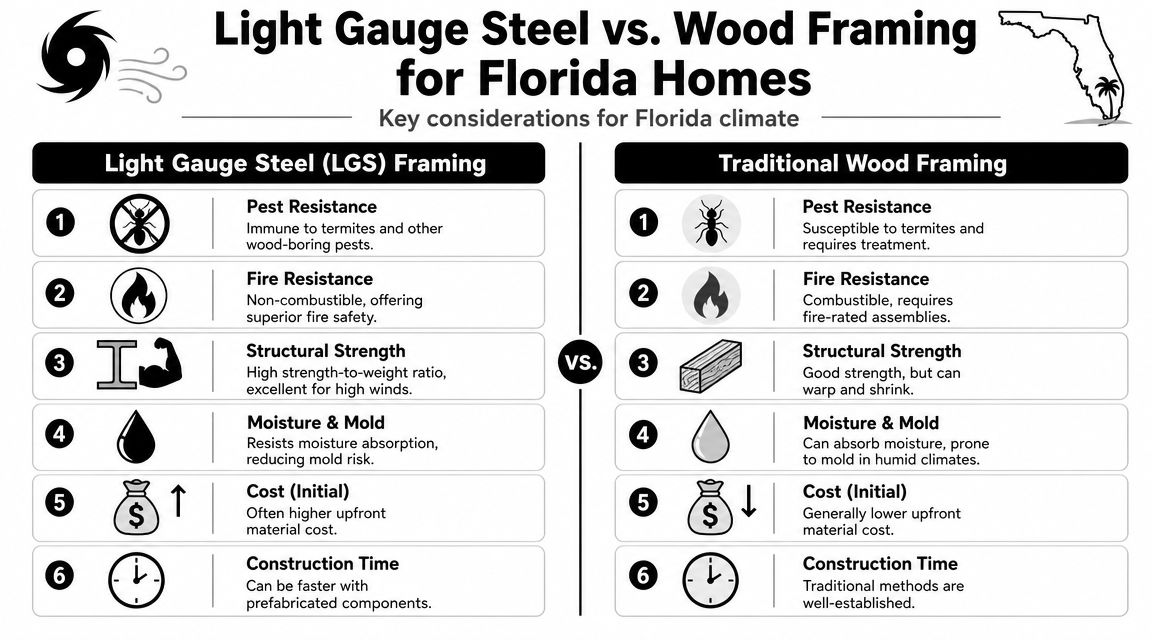 A comparison chart showing benefits and drawbacks of light gauge steel versus wood framing for Florida homes.
