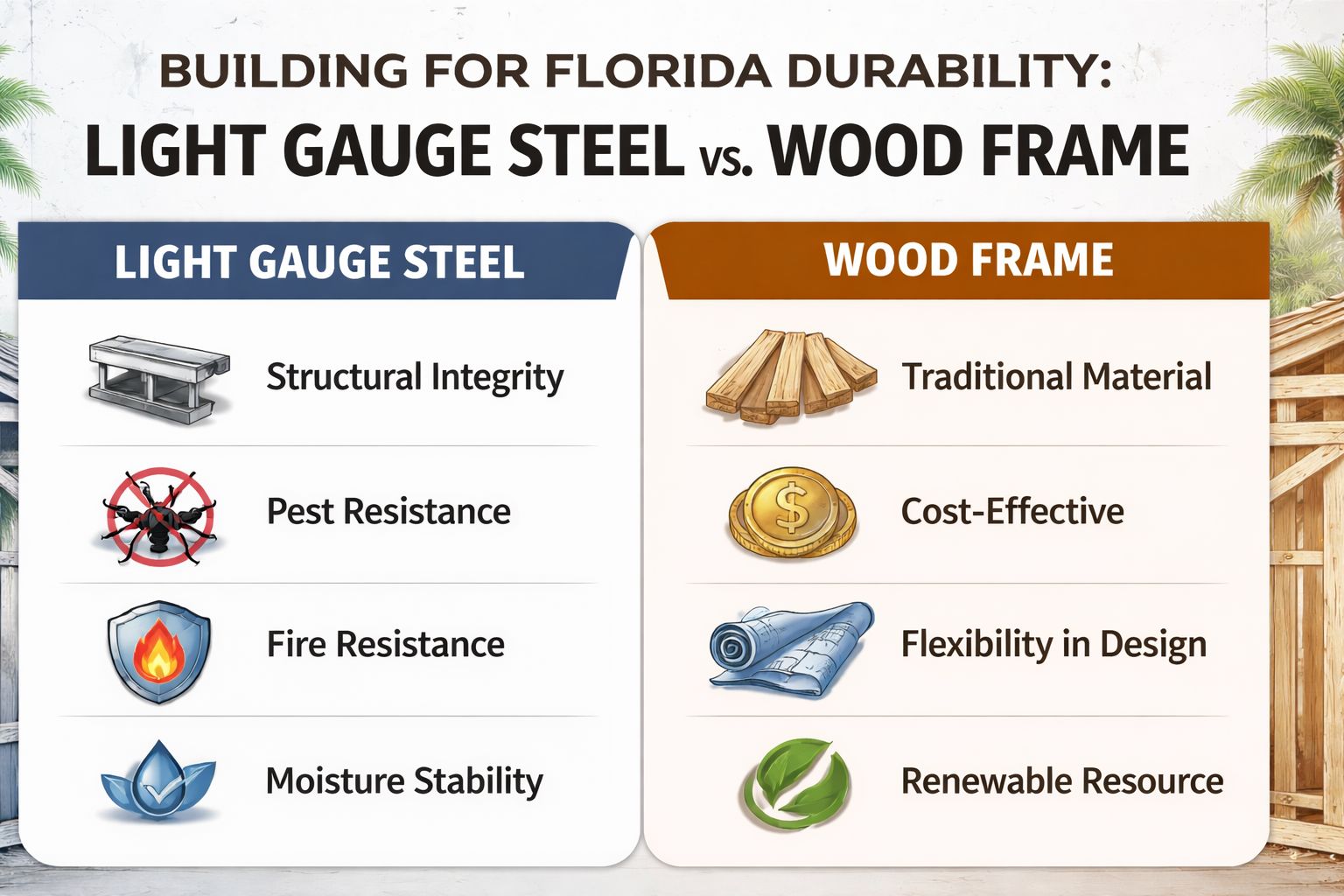 A comparison chart showing the advantages of light gauge steel versus wood frame for home construction.