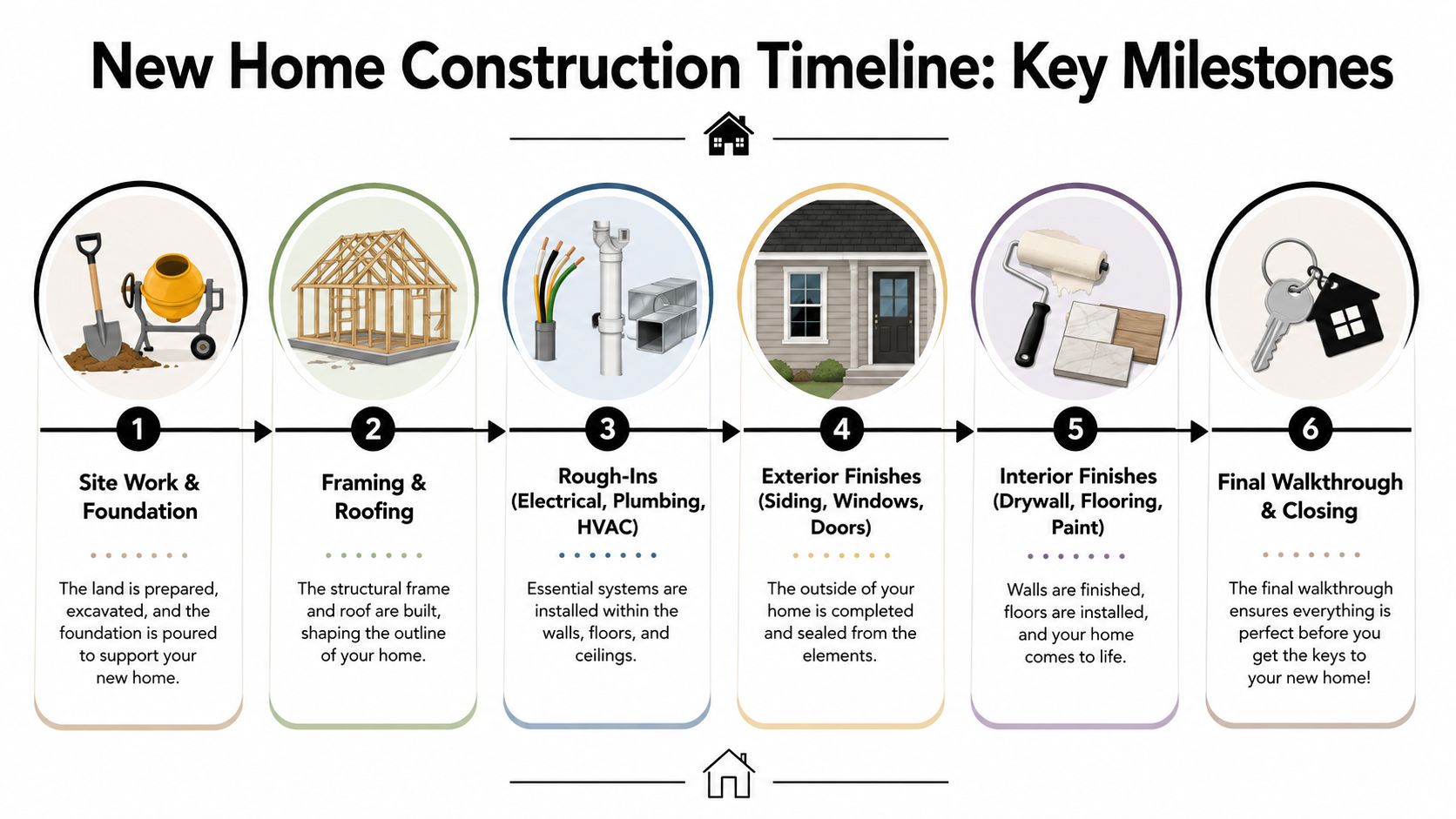 A diagram illustrating the six key milestones of the new home construction process from foundation to closing.