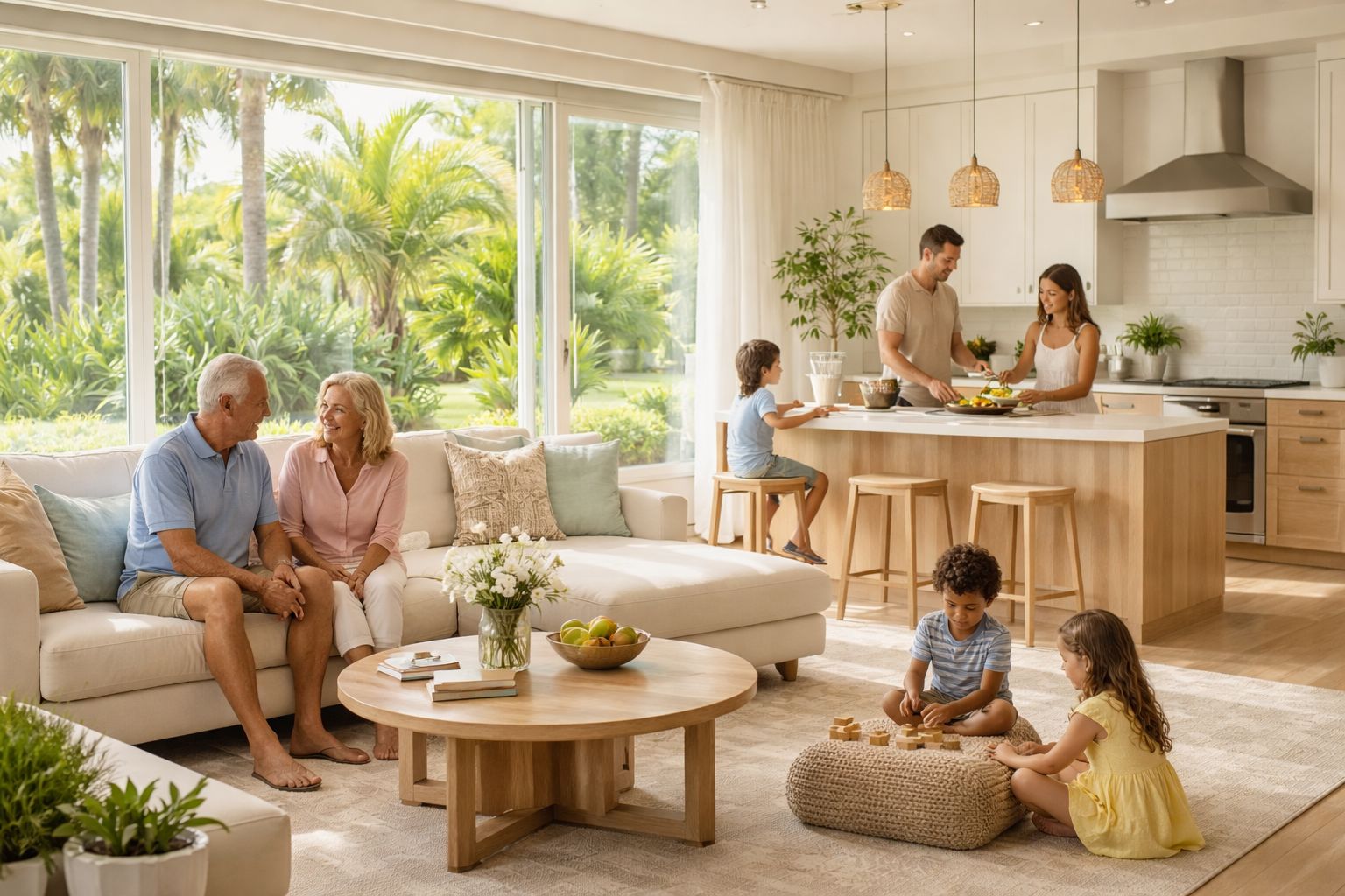 A multi-generational family spends quality time together in a bright, modern, and spacious open-plan home.
