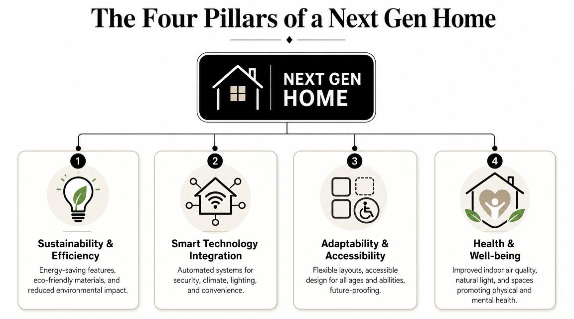 A diagram illustrating the four pillars of a next gen home including sustainability, technology, accessibility, and well-being.