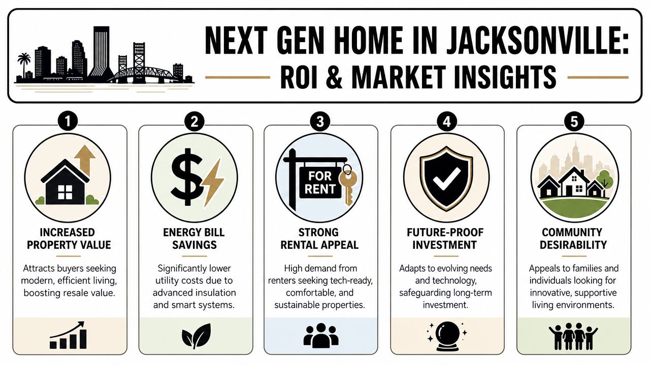 An infographic titled Next Gen Home in Jacksonville highlighting five key benefits like value and sustainability.