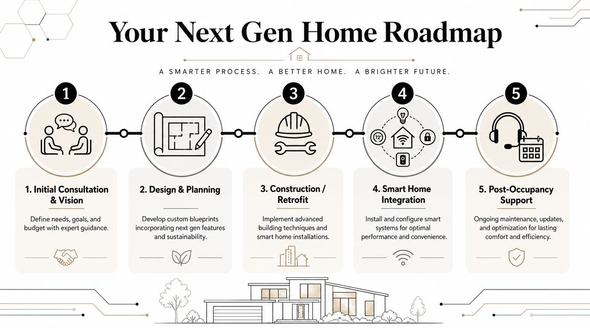 A five-step roadmap for building a next gen home, covering consultation, planning, construction, smart integration, and support.