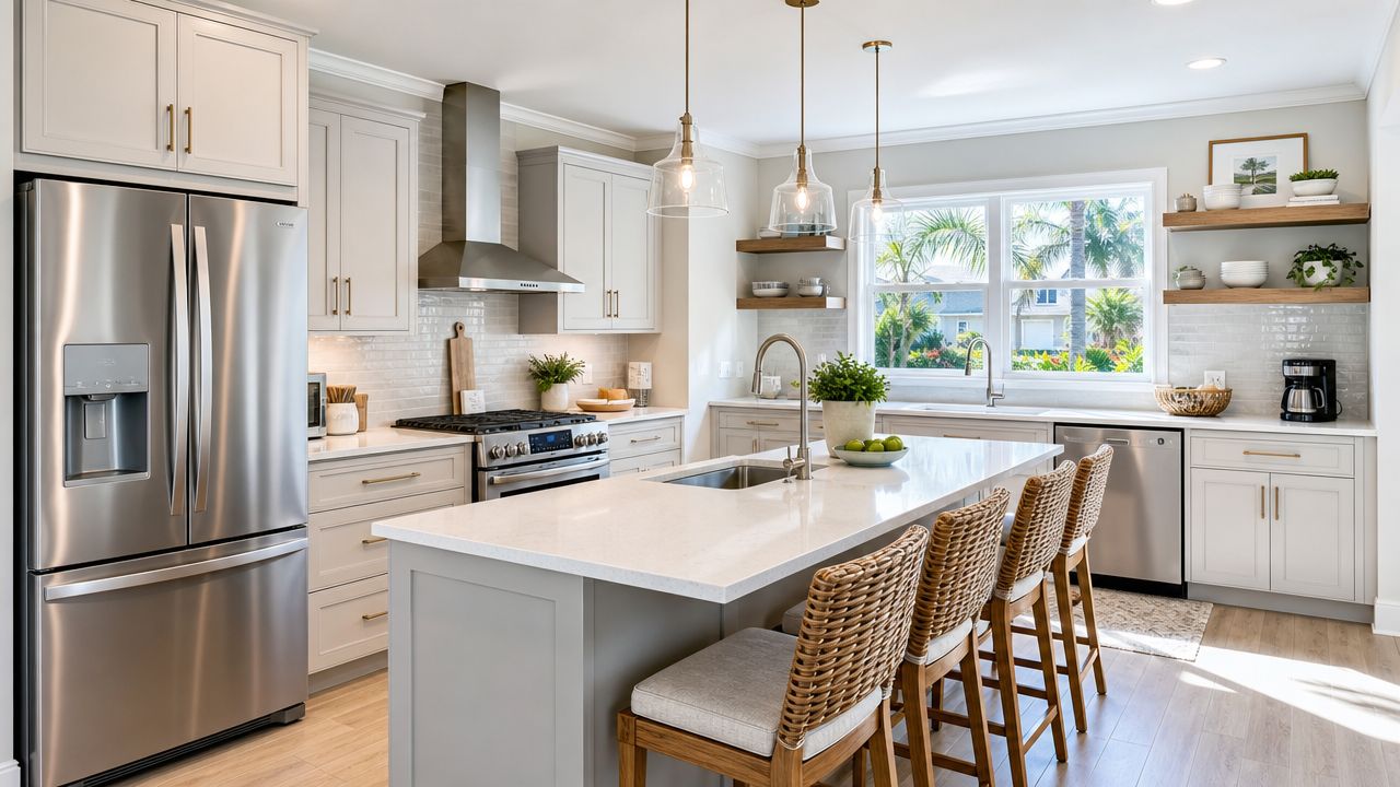 A modern kitchen with white cabinets, stainless steel appliances, a large island with wicker chairs, and wood shelving.