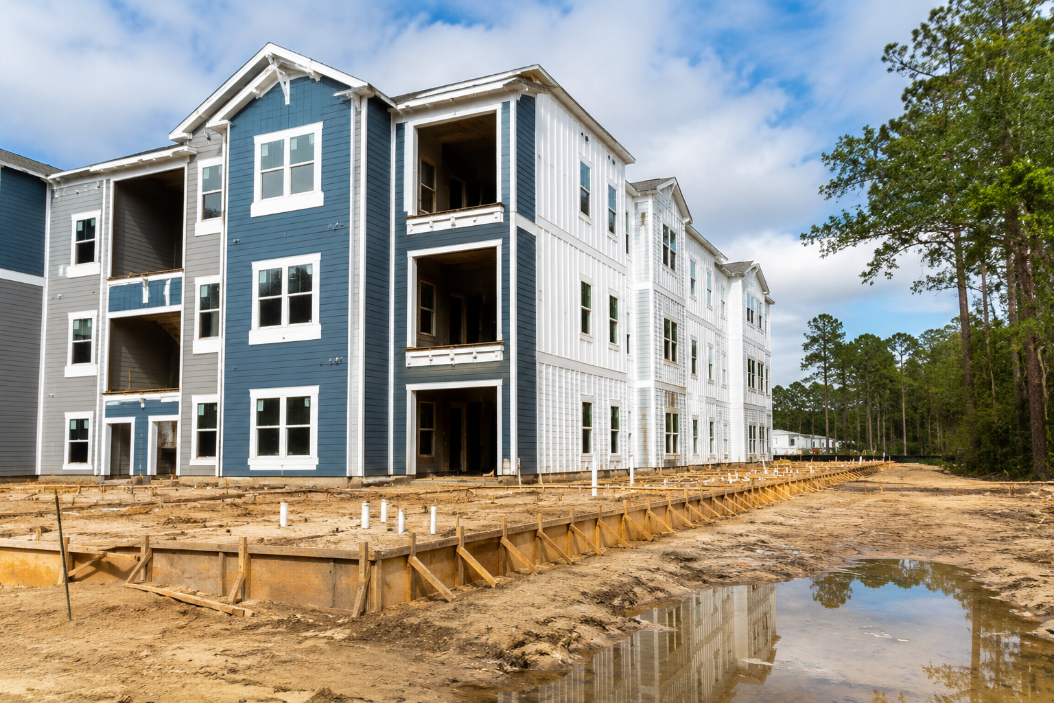 Apartment Builder in Jacksonville, FL: Cost, Timeline & How to Choose the Right One Apartment building under construction showing framing and site work in Northeast Florida