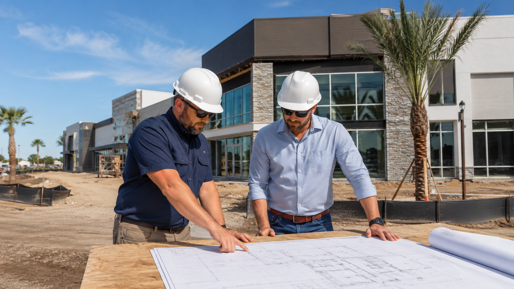 Commercial General Contractors Near Me: How to Choose in Jacksonville, FL Commercial general contractors reviewing plans on a Jacksonville construction site