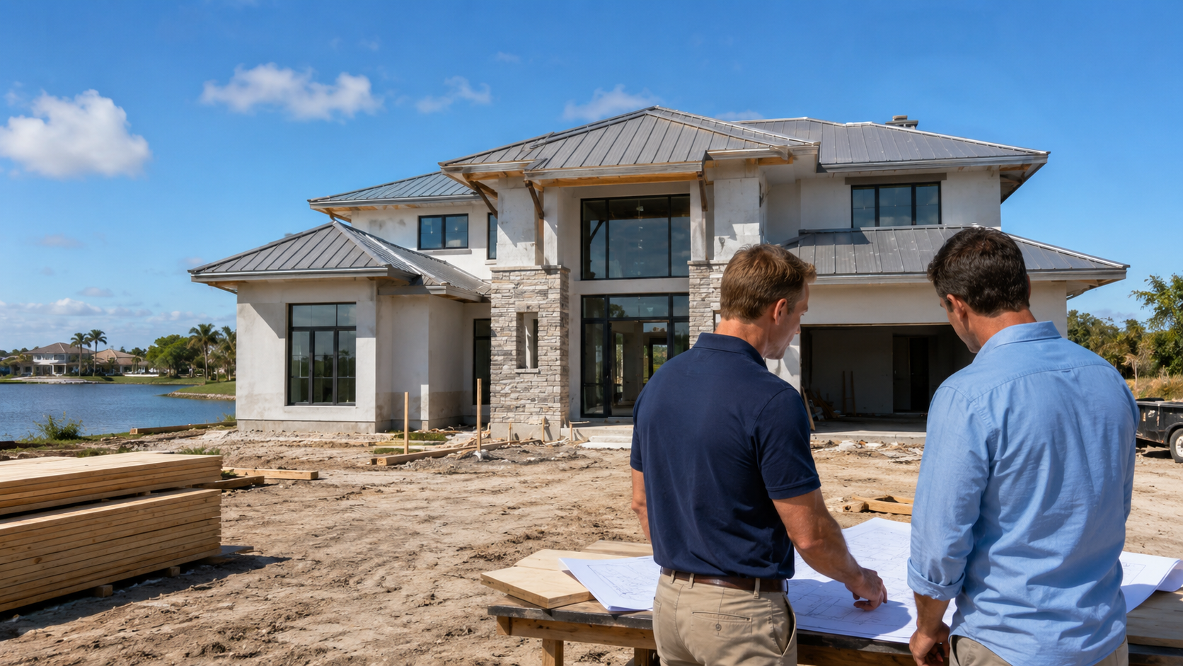 custom house builder reviewing a line-by-line estimate on a Jacksonville job site