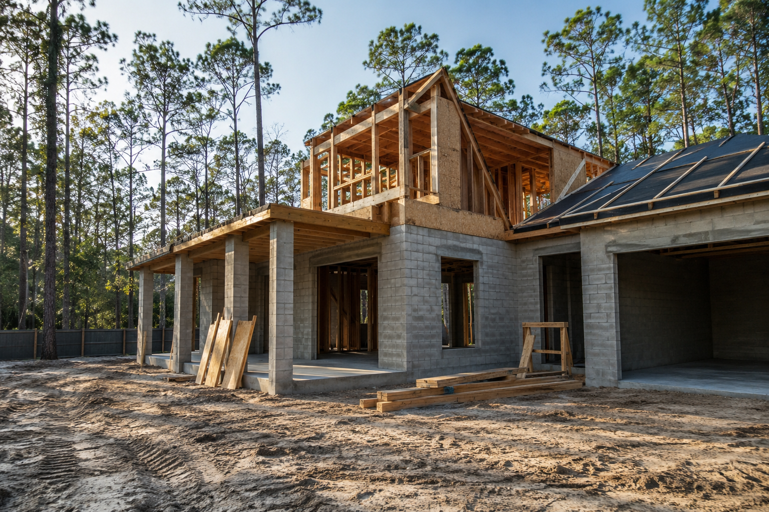 Ground Up Construction Timeline: How Long Does It Take to Build in Jacksonville? new home under construction during the framing phase in northeast florida