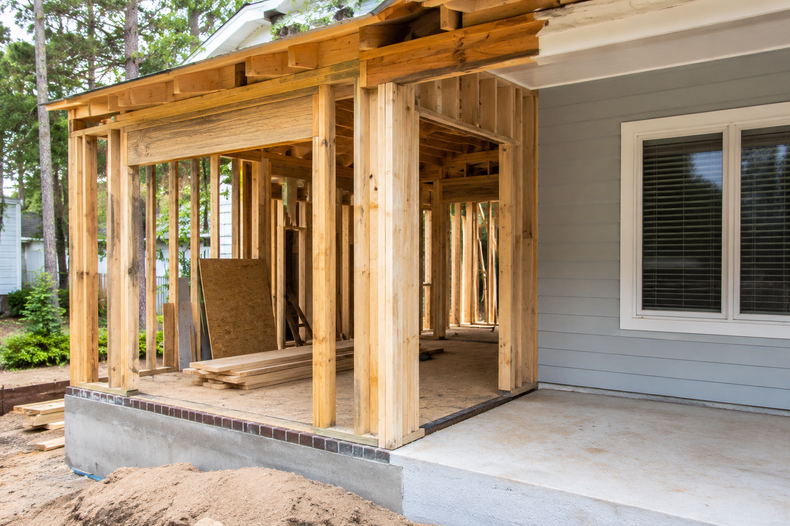 The Home Additions Process, Step by Step: Planning to Certificate of Occupancy Structural tie-in during a home addition construction step