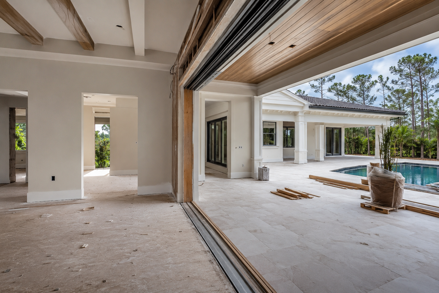 Custom luxury home under construction showing coastal framing and building systems in Northeast Florida