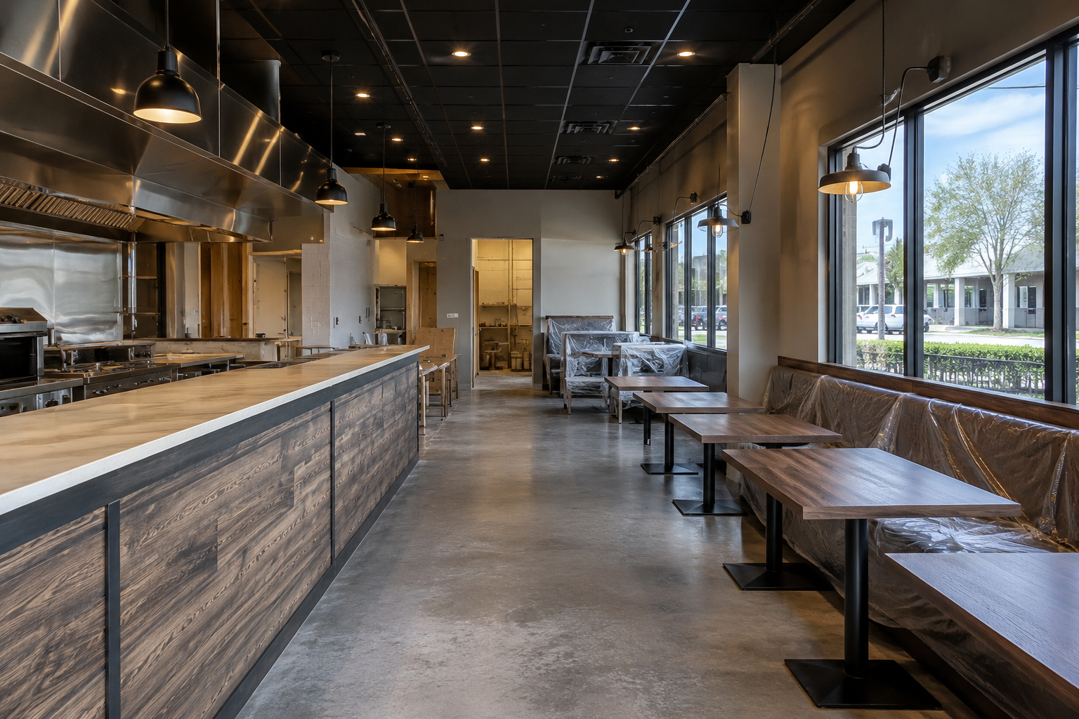 Contractor reviewing restaurant build-out plans and permits in Jacksonville