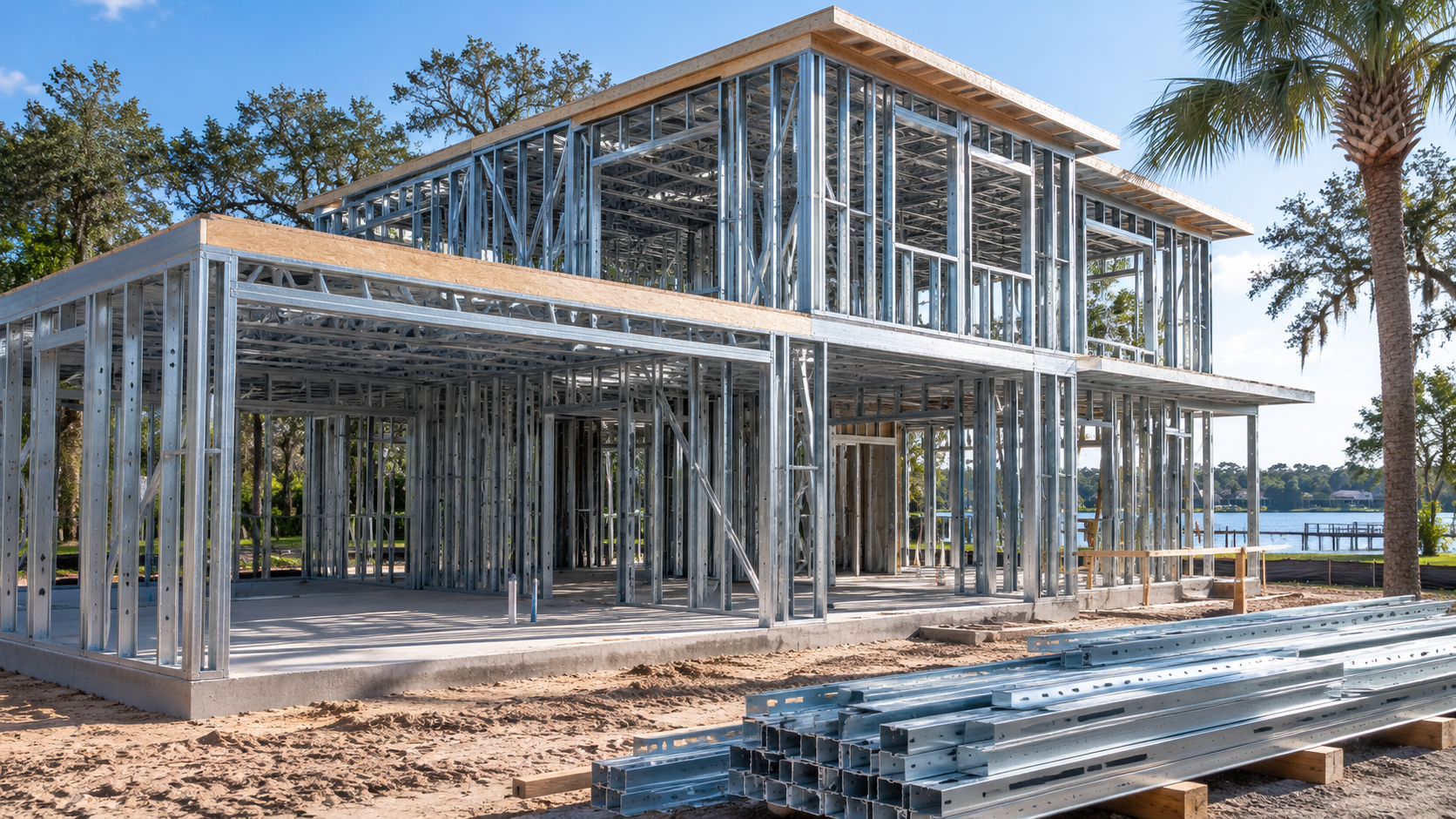 The Steel Frame Homes Process, Step by Step: Planning to Certificate of Occupancy crew erecting a cold-formed steel frame during the build process in Florida