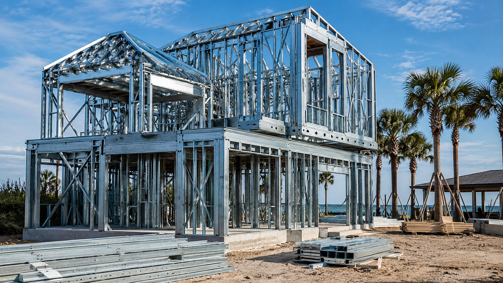 Steel Framing & the Florida Building Code: Wind, Strength & Compliance Engineered blueprints showing steel framing details for Florida Building Code wind-load compliance