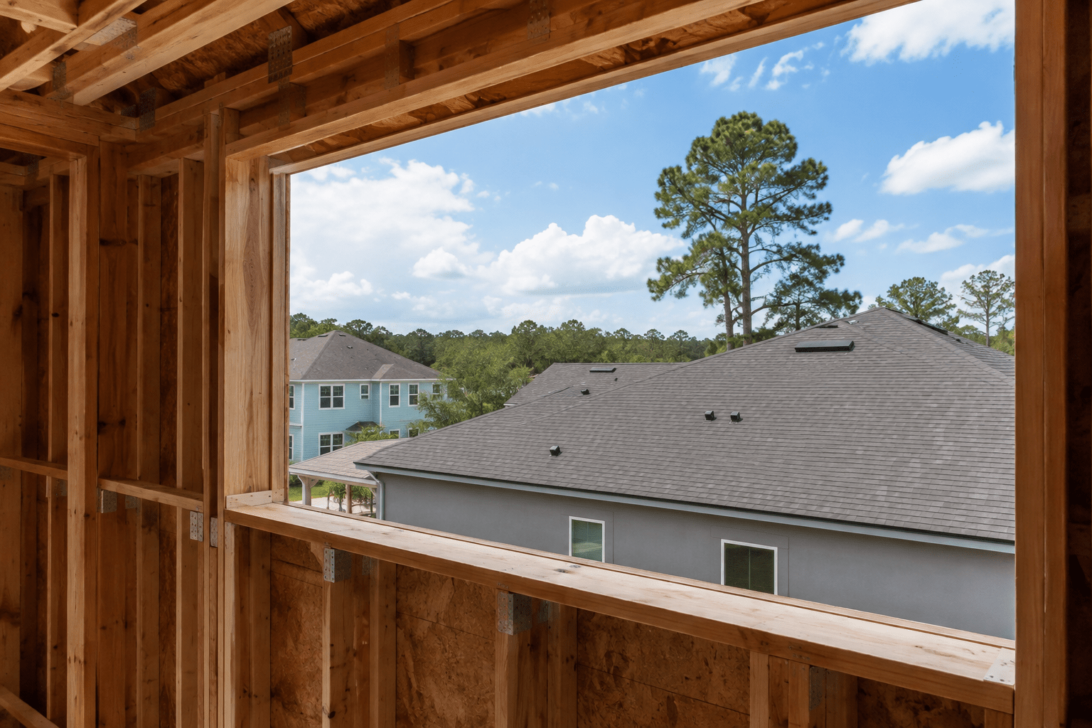 Apartment Builder Wind Mitigation in Jacksonville: Code Requirements and What They Save on Insurance Multifamily apartment construction in Jacksonville showing engineered roof to wall connections and rated openings