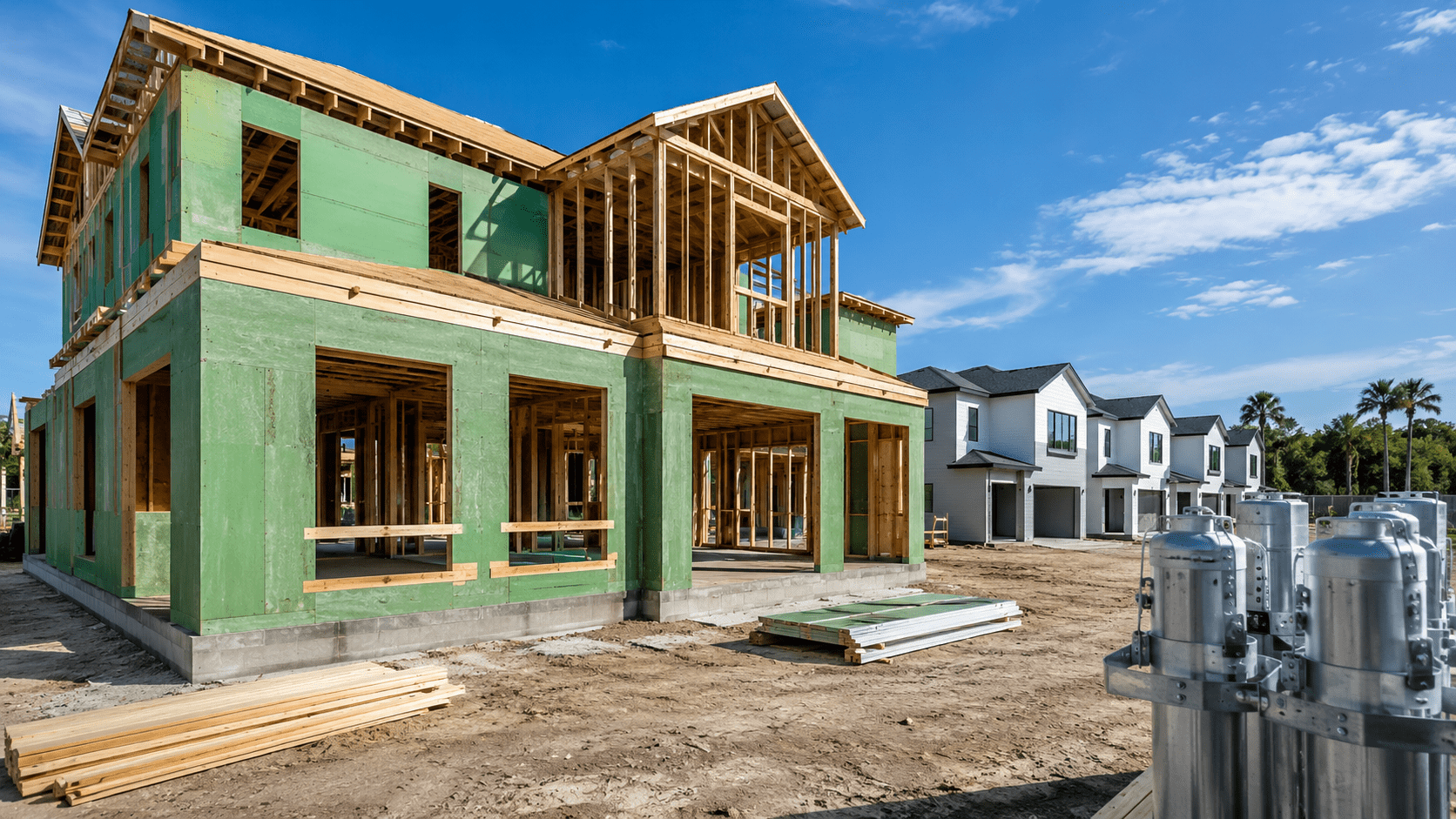Build to Rent Builder Wind Mitigation: Jacksonville Code Requirements and Portfolio Insurance Savings Build to rent builder wind mitigation detailing repeated across a Jacksonville rental community under construction