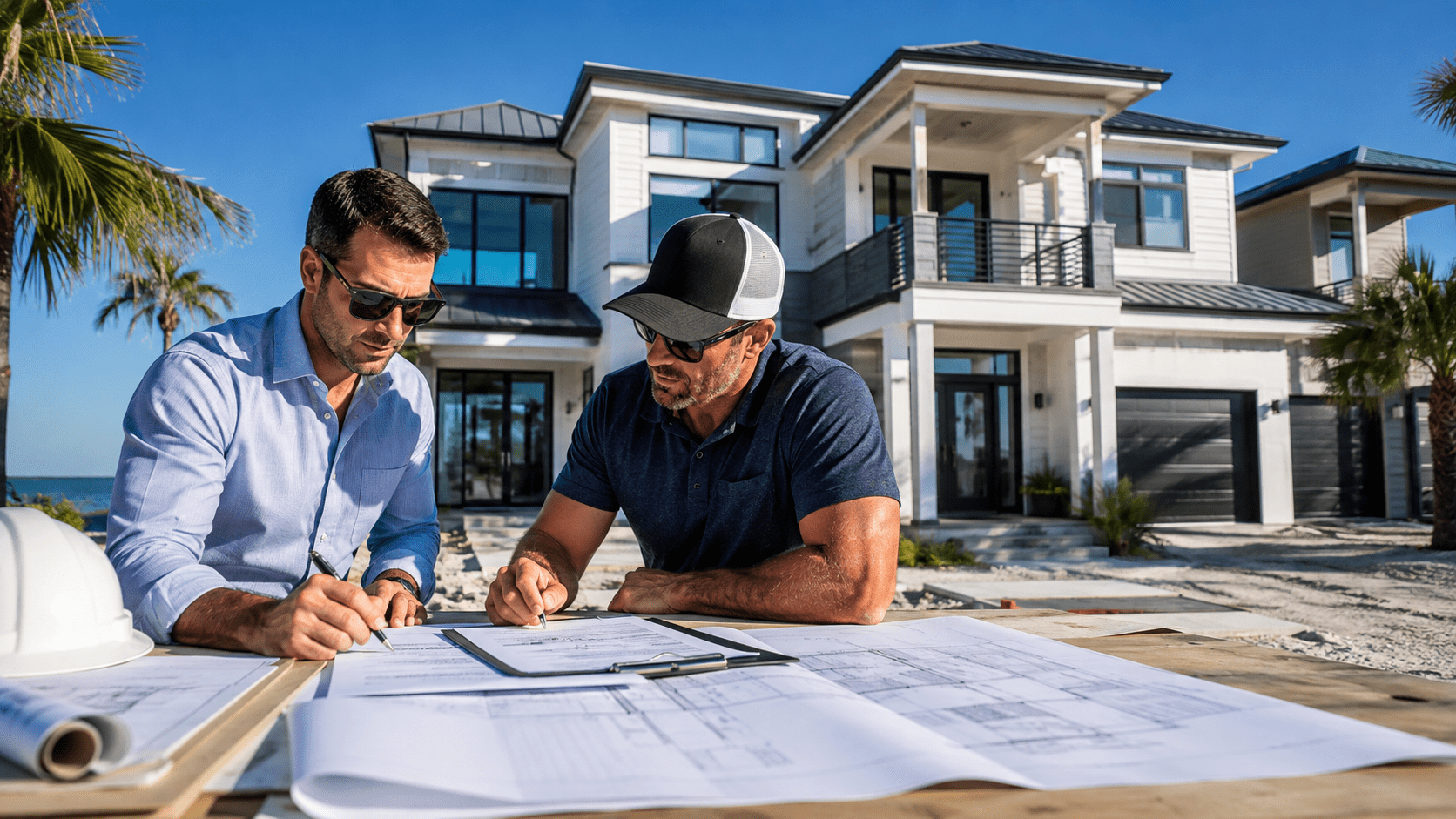 Owner reviewing high end home builders contract terms with a licensed Florida general contractor