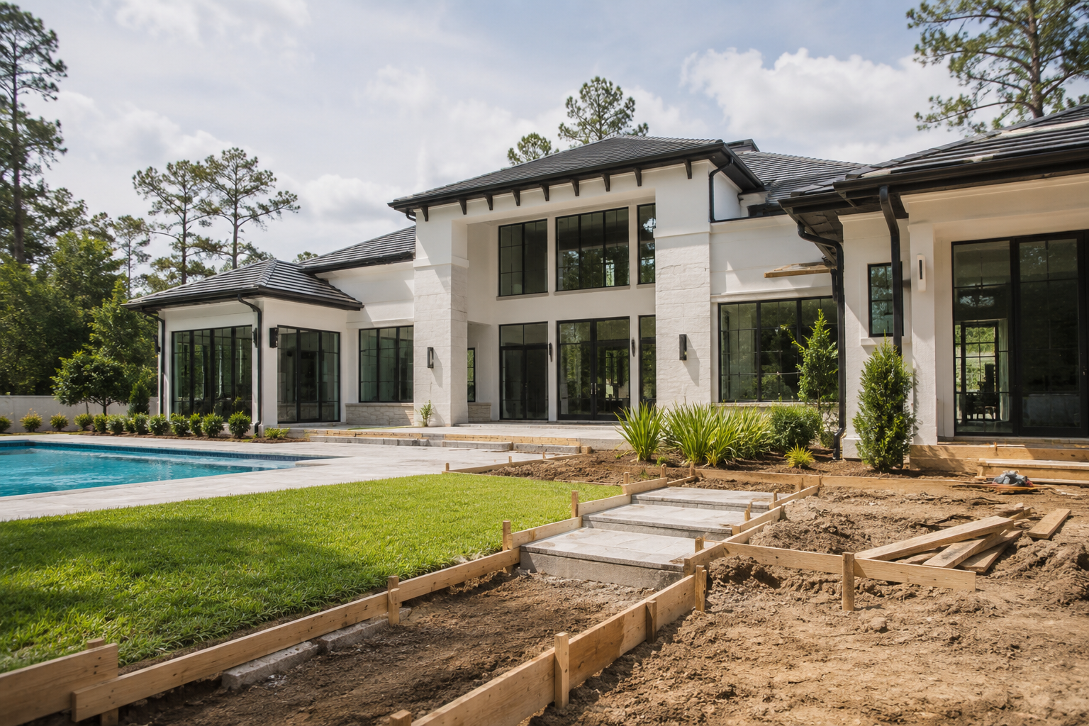 High End Home Builders Schedule: A Milestone by Milestone Jacksonville Timeline Custom luxury home framed and dried in during the structure stage of a Northeast Florida build