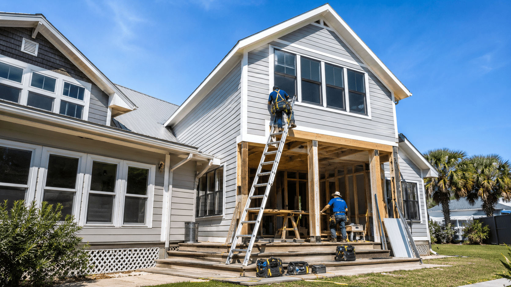 Home addition builders near me framing a new room addition on a Jacksonville house