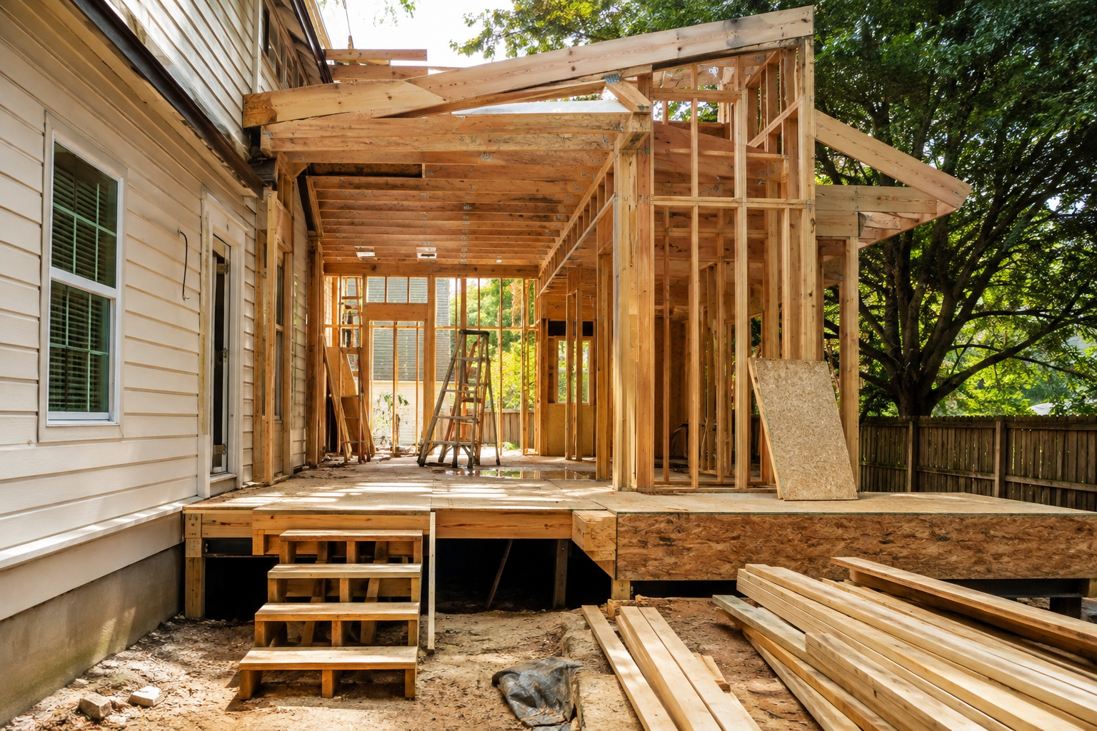 Home Additions Near Me Versus the Alternatives: Adding On, Converting, or Buying Bigger in Jacksonville Room addition framing tied into an existing Northeast Florida home during construction