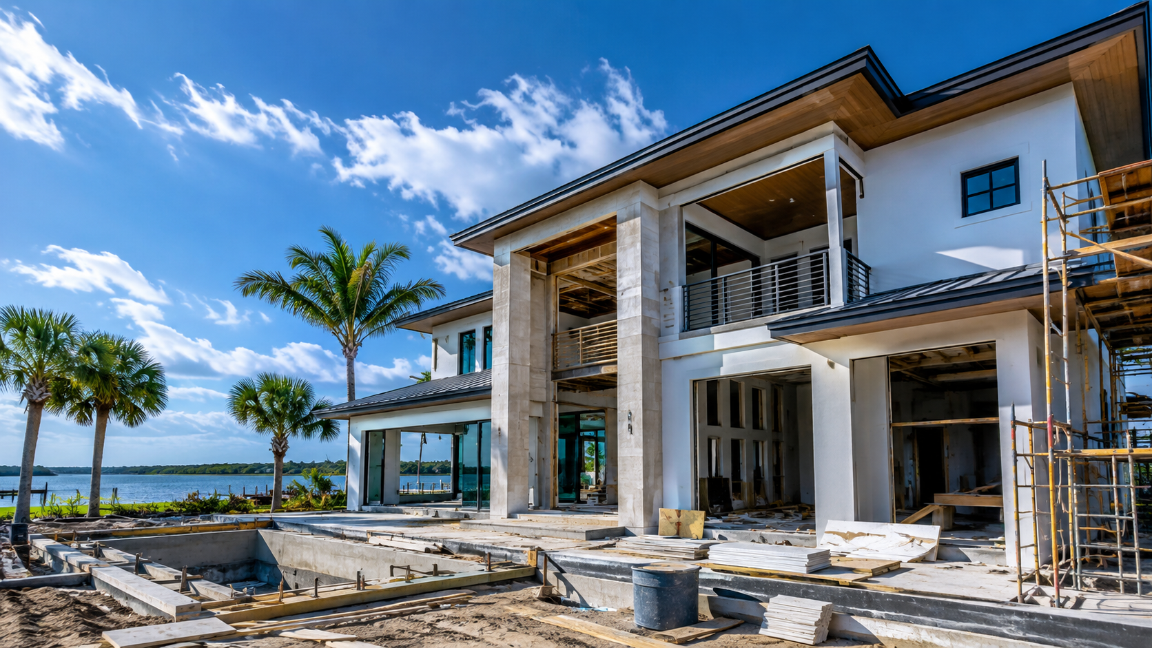 Luxury Custom Home Builders and the Insurance Impact on Florida Premiums Luxury custom home builders insurance impact assessed at a high-end Florida residence under construction