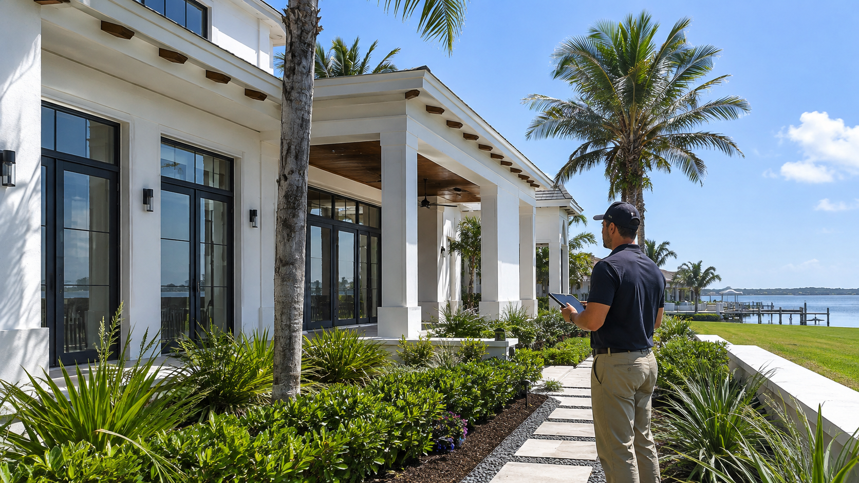 Luxury Custom Home Builders Long Term Maintenance in Florida Humidity and Salt Air: What the Handover Package Must Cover Luxury custom home builders long term maintenance inspection of exterior sealants and coastal hardware on a Northeast Florida custom home