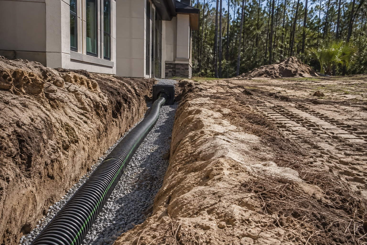 Luxury Custom Home Builders Soil and Drainage on Northeast Florida Lots Site work and drainage preparation for a custom home on a Northeast Florida lot with sandy soil