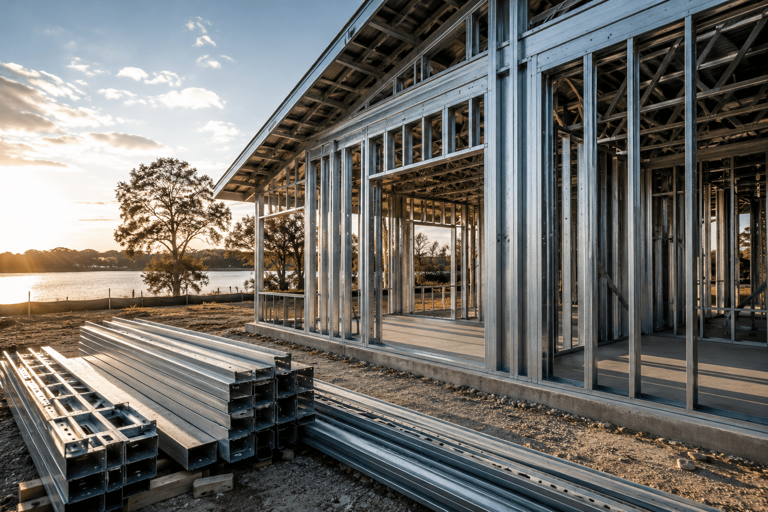 Steel frame house under construction in Florida with engineered connections and galvanized framing members