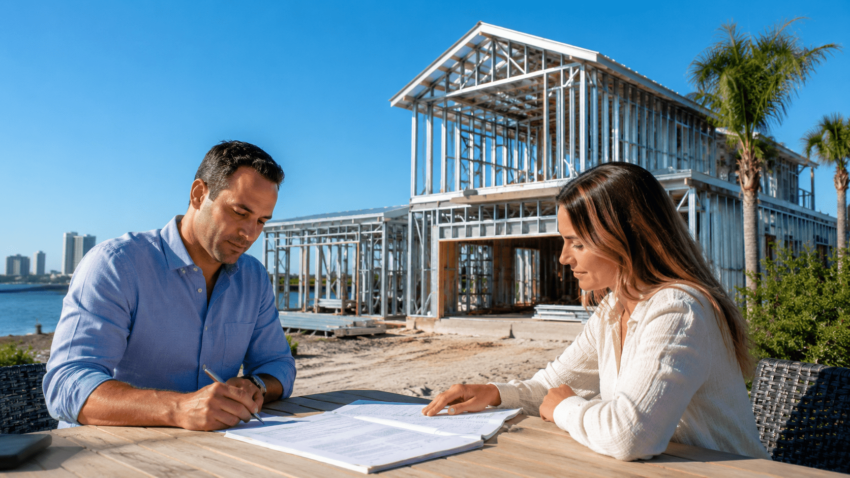 Owner reviewing metal frame homes contract terms and shop drawings for a Florida steel framed house