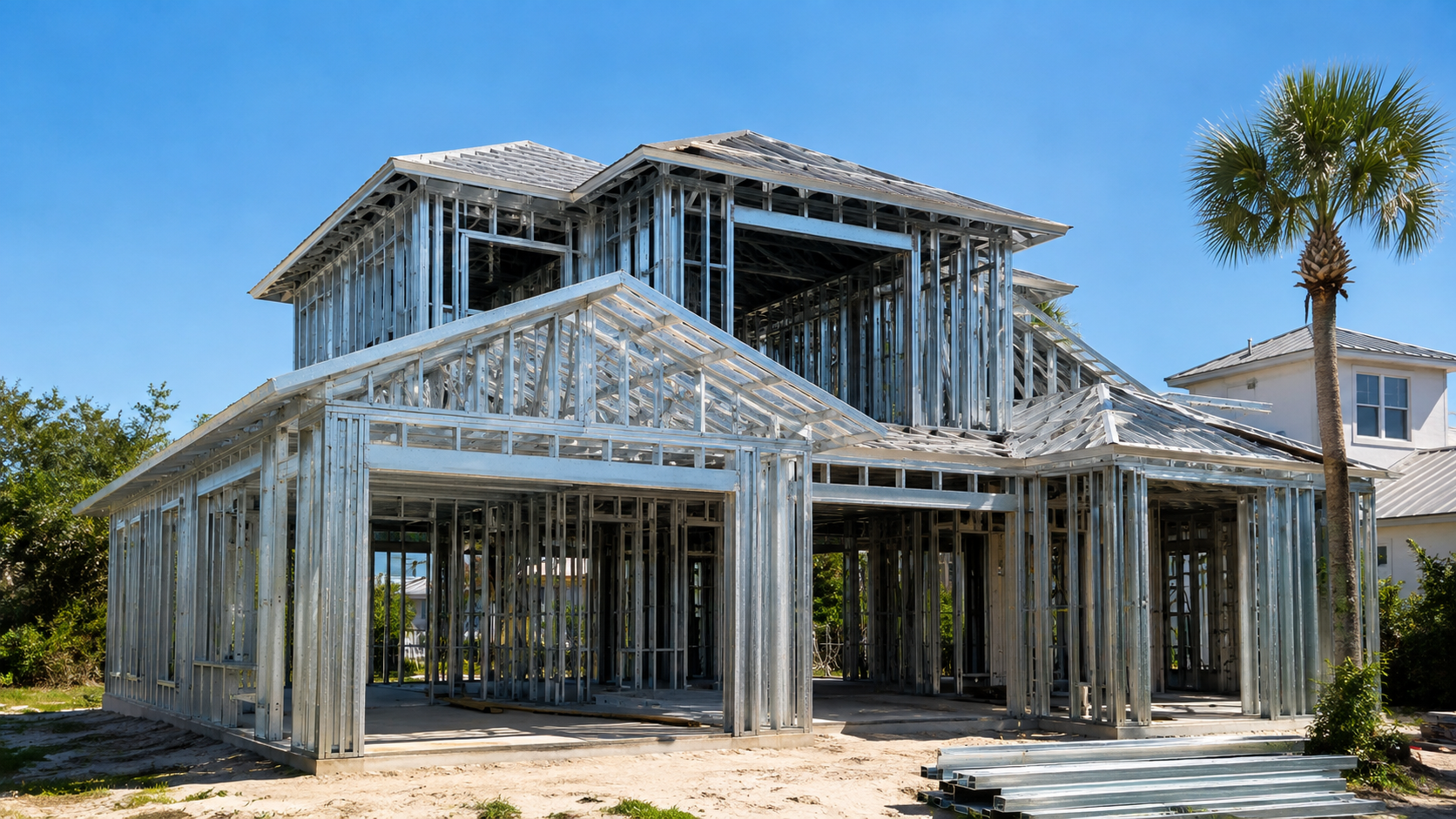 Metal Frame Homes in Jacksonville, FL: What the Frame Package Costs Steel framing package being erected for metal frame homes in Jacksonville, FL