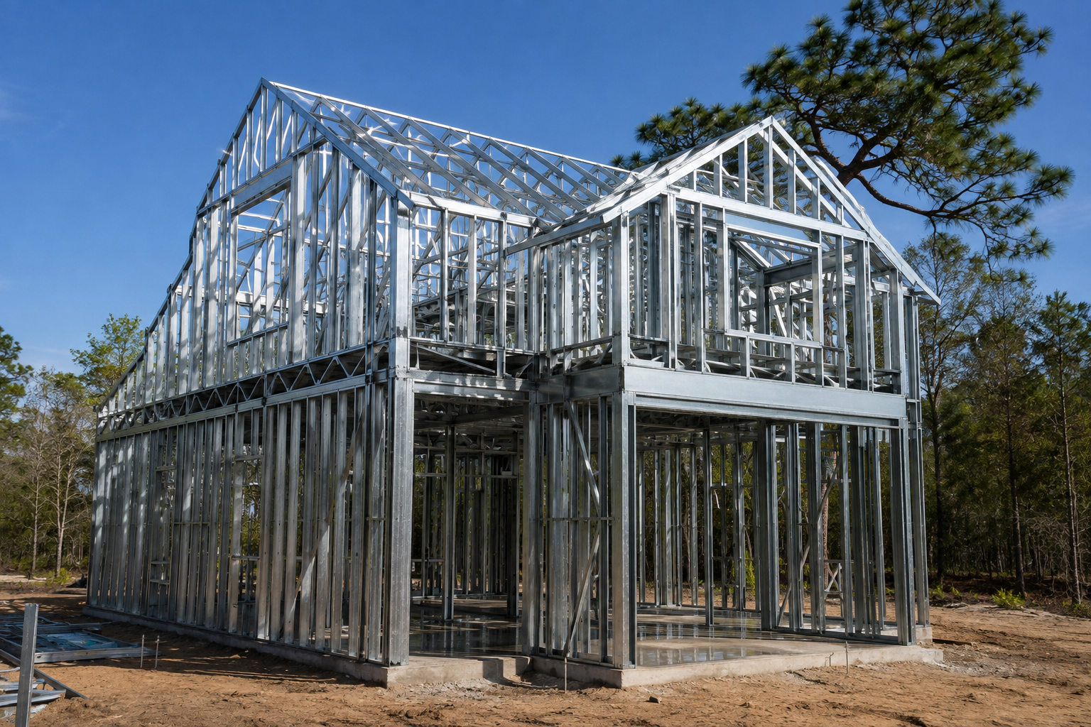 Metal Frame Homes Schedule in Jacksonville: A Milestone by Milestone Timeline Cold-formed steel frame erection underway on a Jacksonville home site