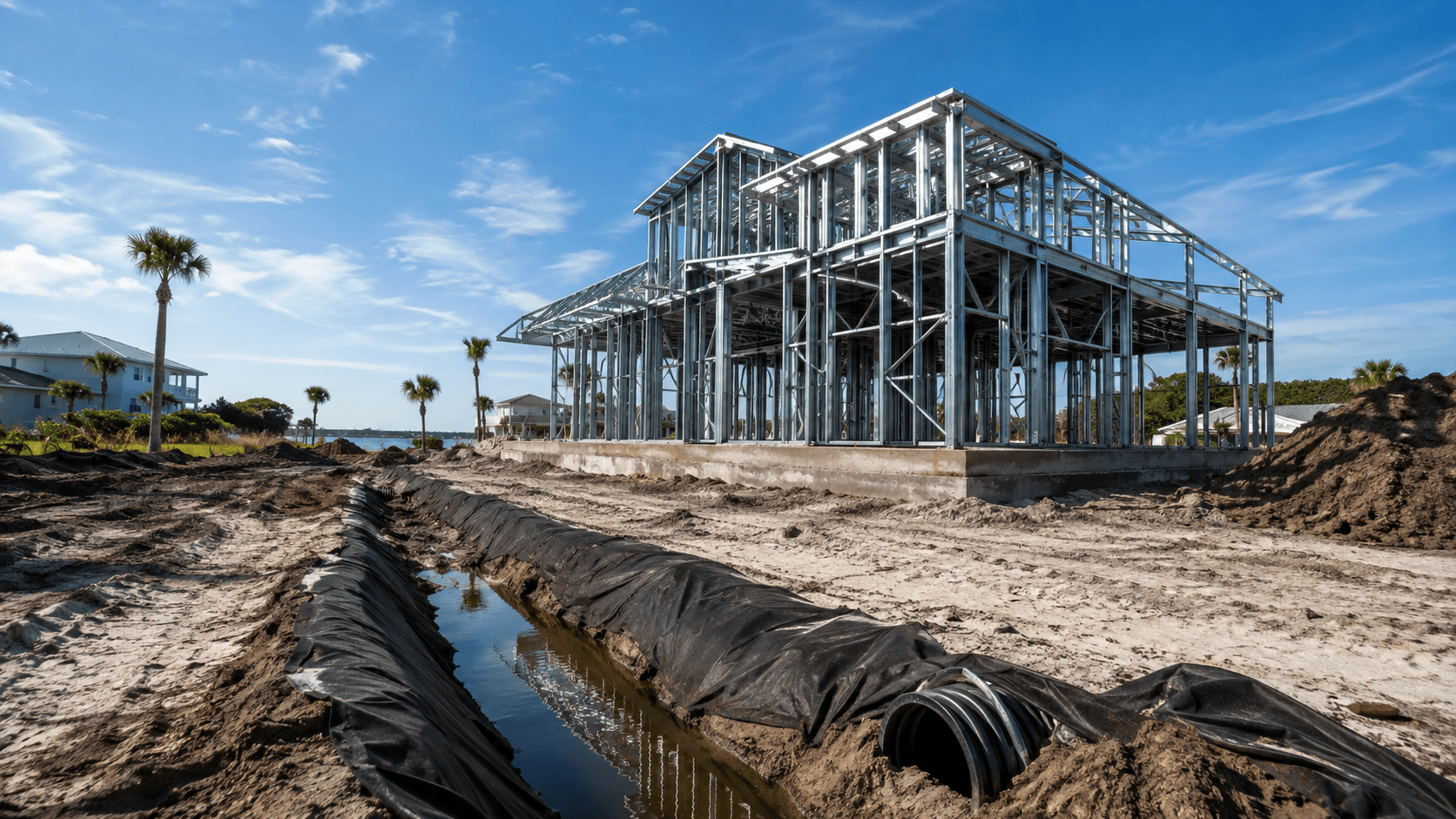 Metal Frame Homes Soil and Drainage: How Northeast Florida Lot Conditions Shape the Build Metal frame homes soil and drainage assessment on a Northeast Florida building lot before foundation work
