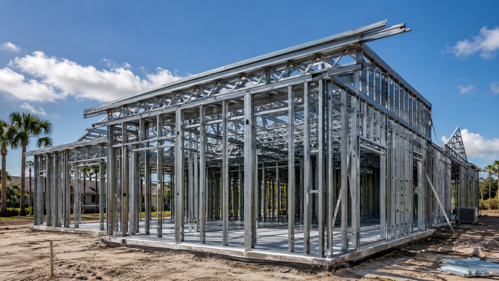 Metal Frame Homes Wind Mitigation: Jacksonville Code Requirements and Insurance Credits Metal frame homes wind mitigation detailing at a steel-framed residential structure under construction in Jacksonville, Florida