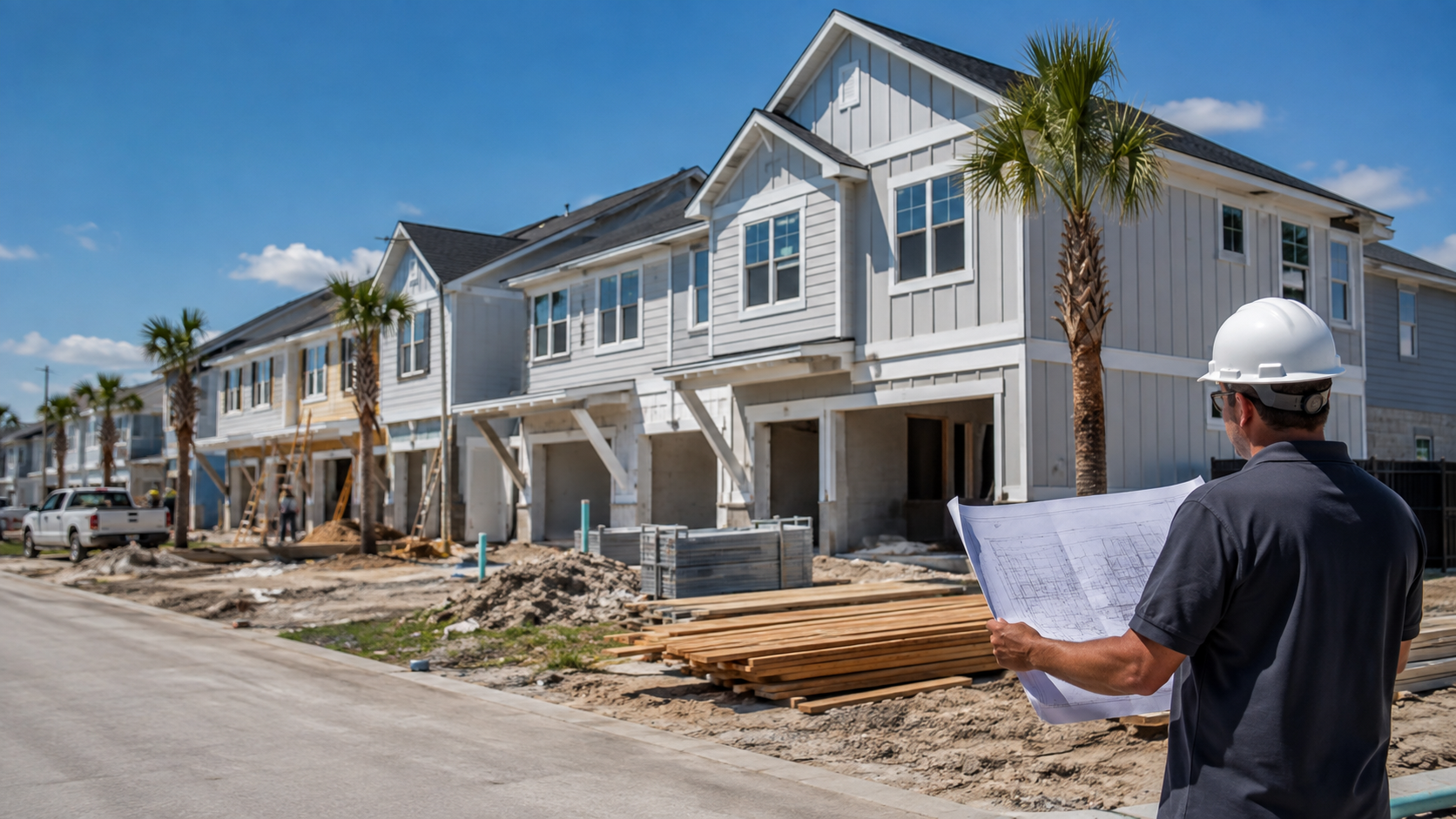 Townhouse Builders in Jacksonville, FL: What Drives the Cost Per Unit Townhouse builders framing a row of attached residential units in Jacksonville, Florida