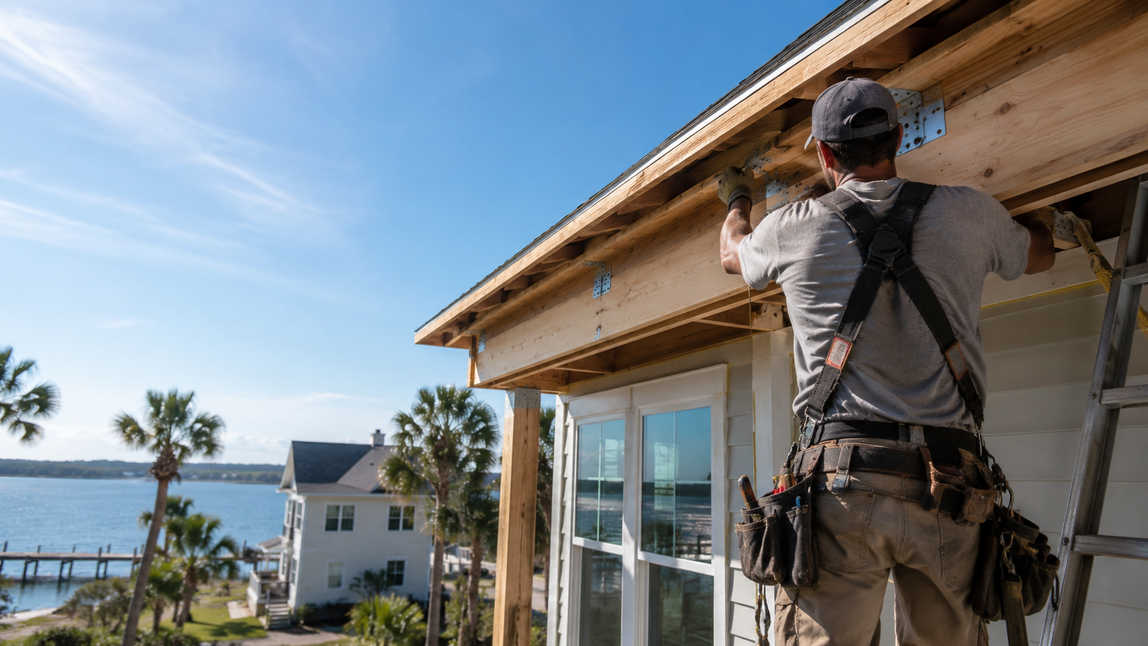 Wind mitigation retrofit work strengthening the roof-to-wall connection on an older Jacksonville home